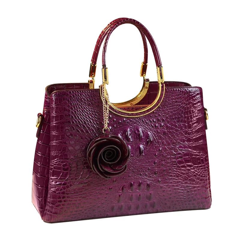 Genuine Leather Handbags Crocodile Pattern Flower Tassel Shoulder Messenger Bag