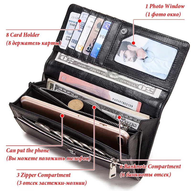 100% Genuine Leather Women Wallets Long With Cell Phone Holder Pocket