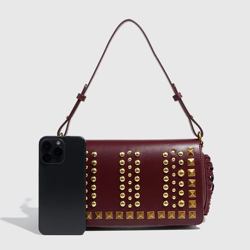 Fashion Women's Bag Studded Vintage with Tassel Shoulder Bag