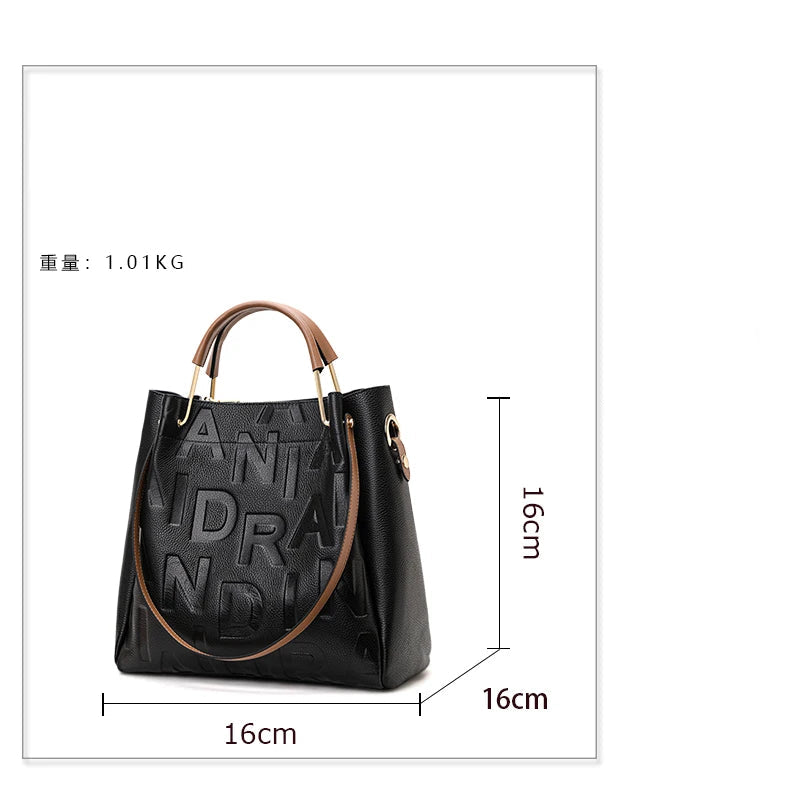 Embossed Letter Tote  Black-Brown Color Block Spacious Commute Handbag & Crossbody