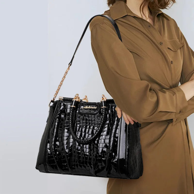 Black Crocodile Pattern Embossed Patent Leather Top Handle Bag
