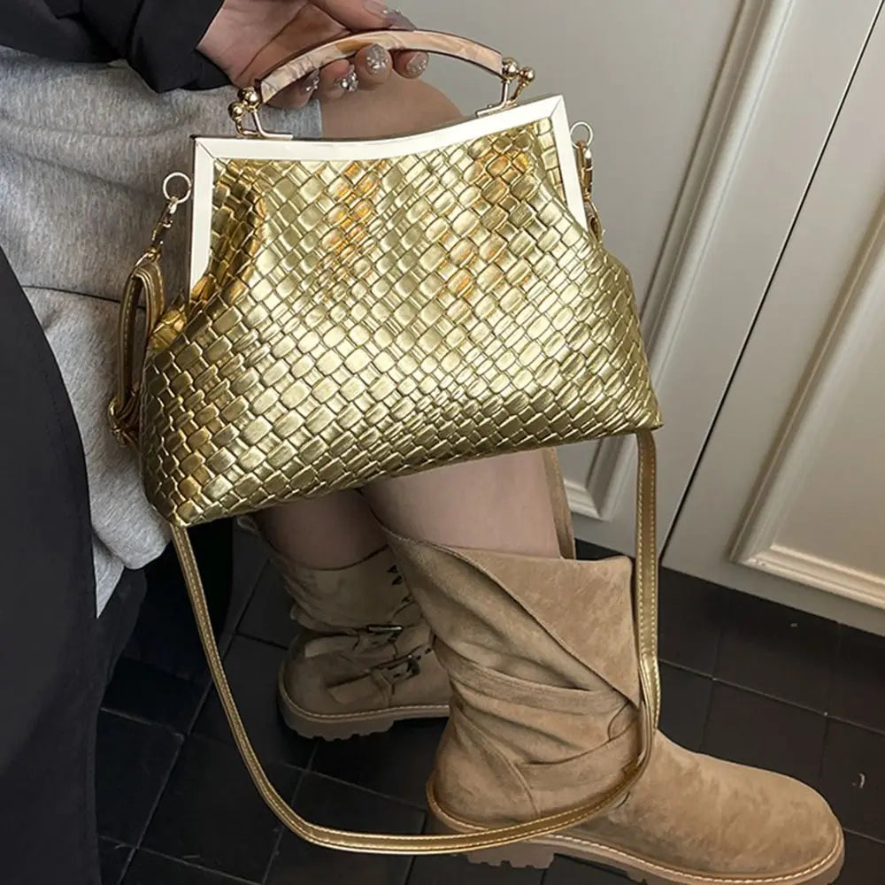 Large Capacity Woven Style PU Leather Retro Clip Lock Bag
