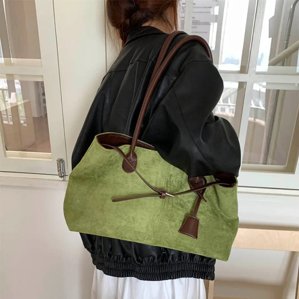 Vintage Faux Suede Leather Tote Bag Contrast Color Strap Casual Shoulder Handbag