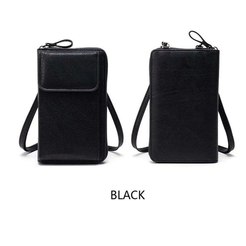 Multi functional retro style PU leather crossbody bag fashionable solid color phone bag