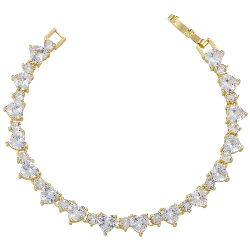 18K Gold-Plated Copper Luxury Tennis Bracelet Heart-Shaped CZ Diamond-Set Bracelet