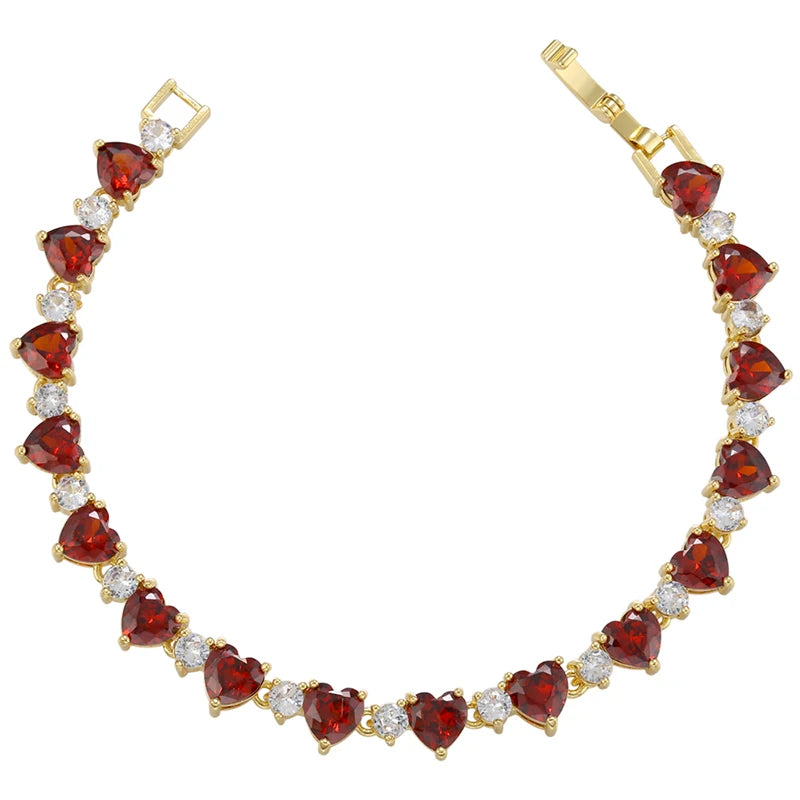18K Gold-Plated Copper Luxury Tennis Bracelet Heart-Shaped CZ Diamond-Set Bracelet
