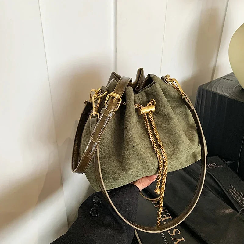 Soft Solid Faux Suede Simple Commuting Crossbody Bags String Closure Type Handbags