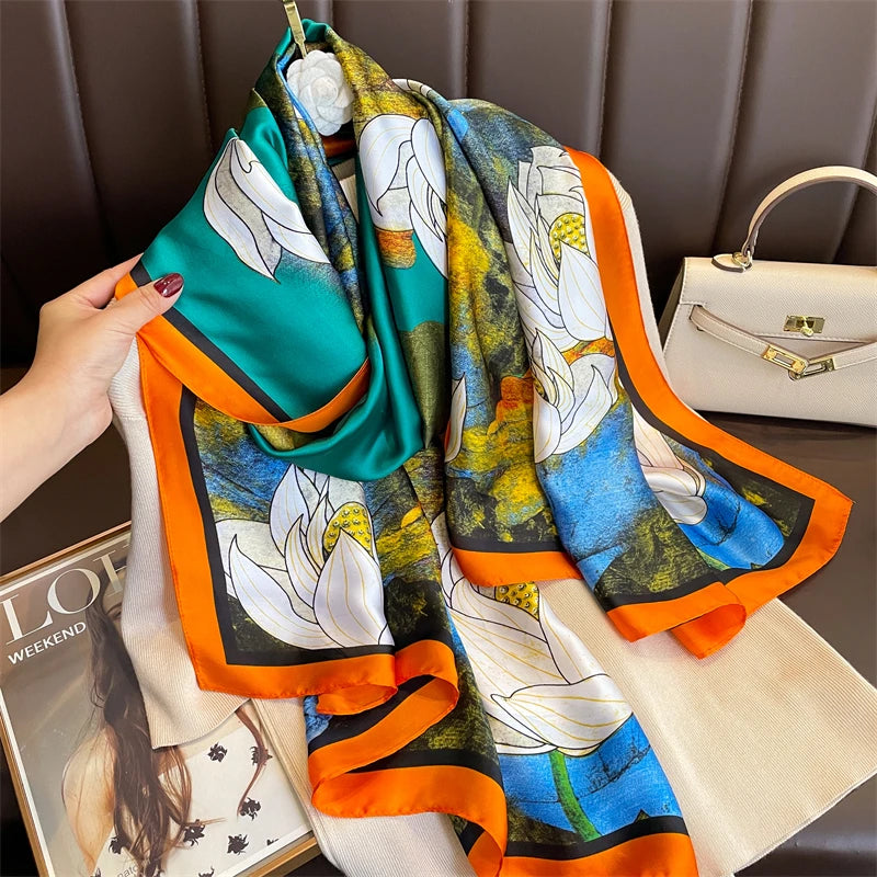 180*90cm Large Silk Satin Scarf Hijab Women Print Shawl