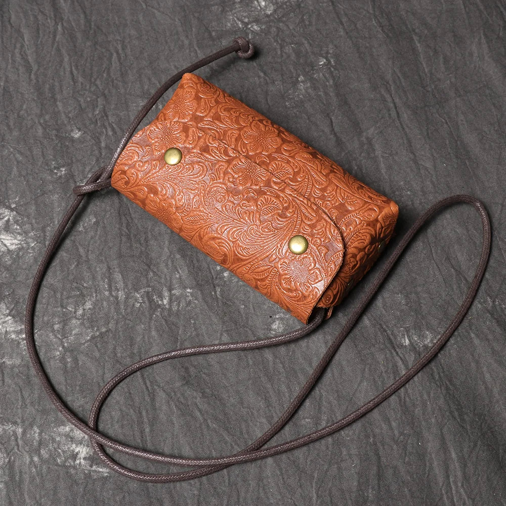 Stylish Genuine Leather Bag 3D Carved Craft Shoulder Bag Cowhide Phone Bag