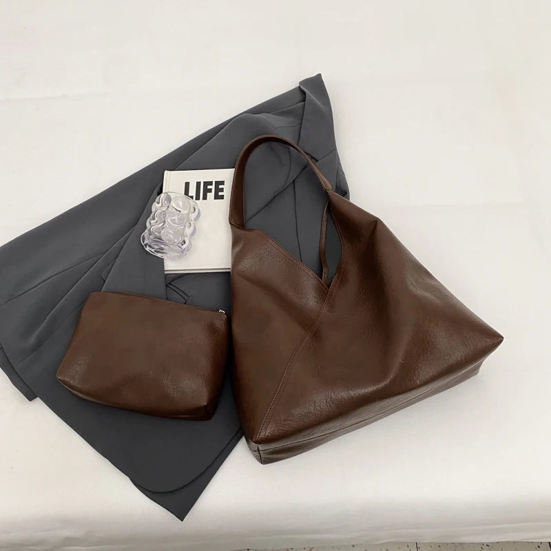 Retro Design Shoulder Bag Soft PU Leather Large Capacity Tote