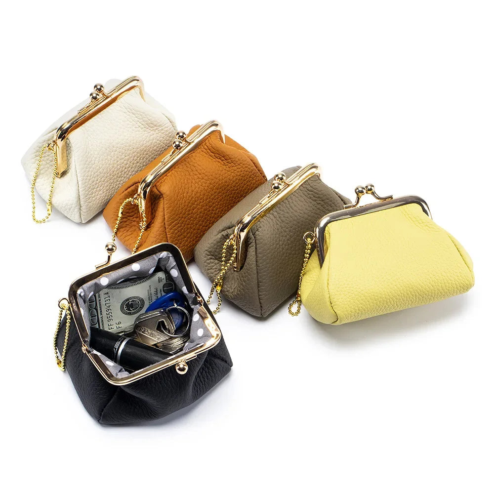 Genuine Leather Mini Vintage Coin Purses Kiss Lock Design