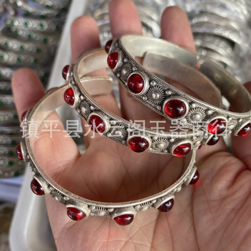 Vintage Engraving Open Women's White Copper Silver-Plated Stylish Bracelet