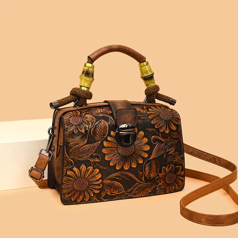 Vintage Embossed Handmade Handbags Top Quality PU Leather Tote