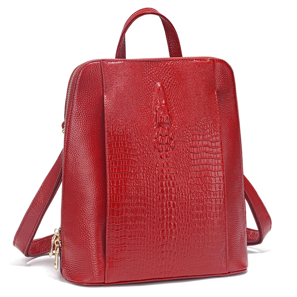 Genuine Leather Backpack Crocodile Pattern Large Capacity