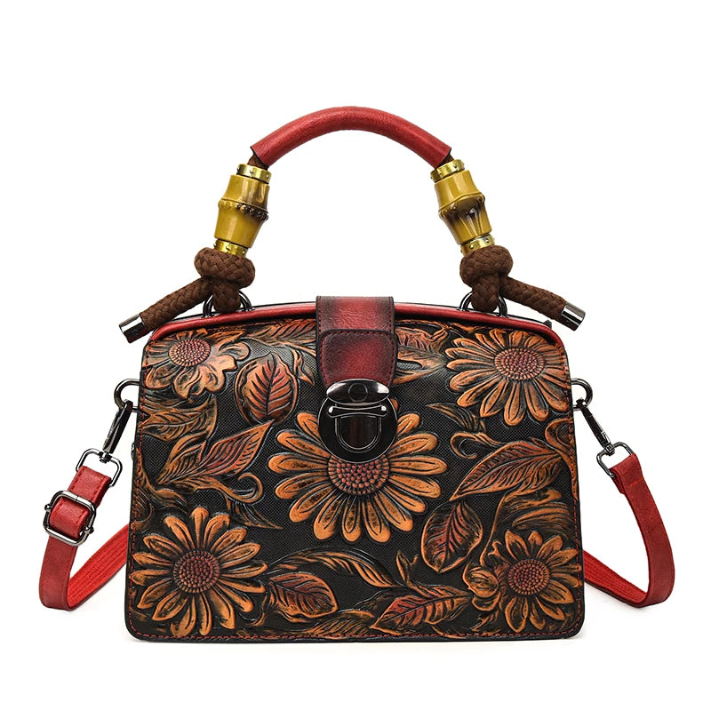 Vintage Embossed Handmade Handbags Top Quality PU Leather Tote