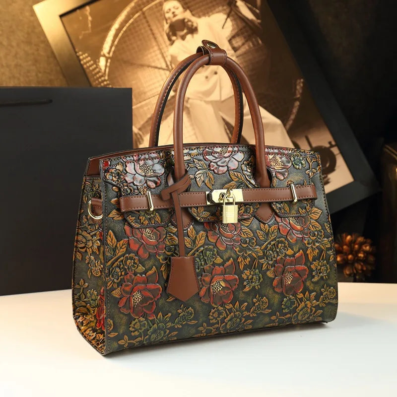 Retro Platinum Leather Handbag 3D Relief Floral Embossed Shoulder Bag for Women