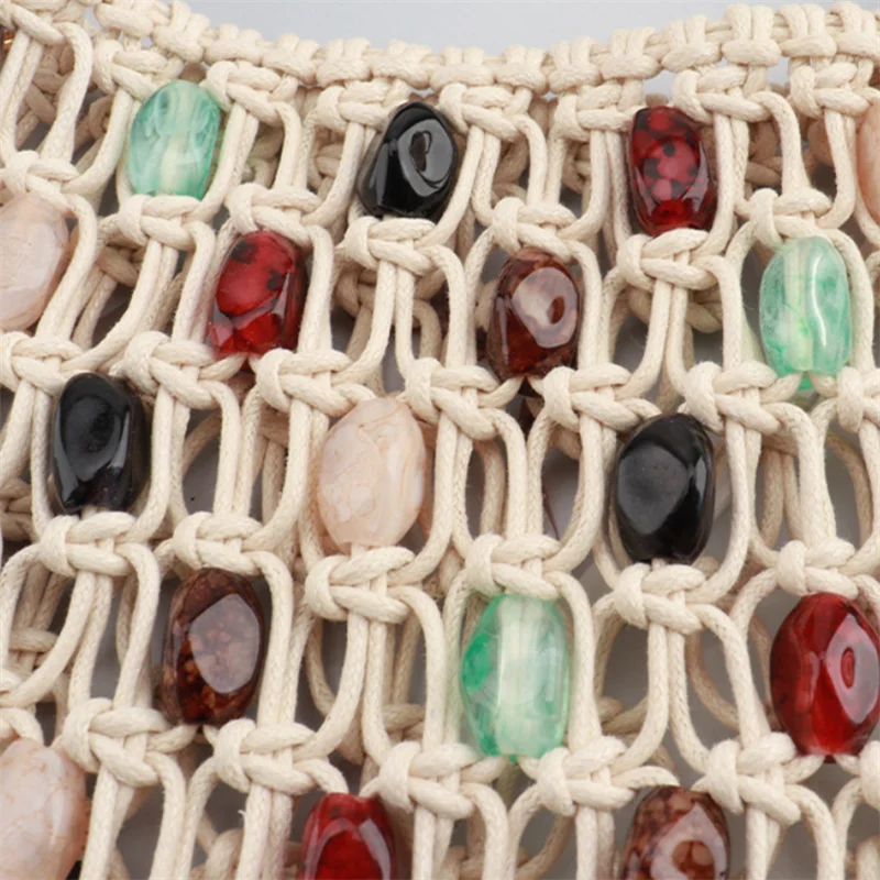 Hand-woven Beaded Tote Wooden Handle Knitted Bag