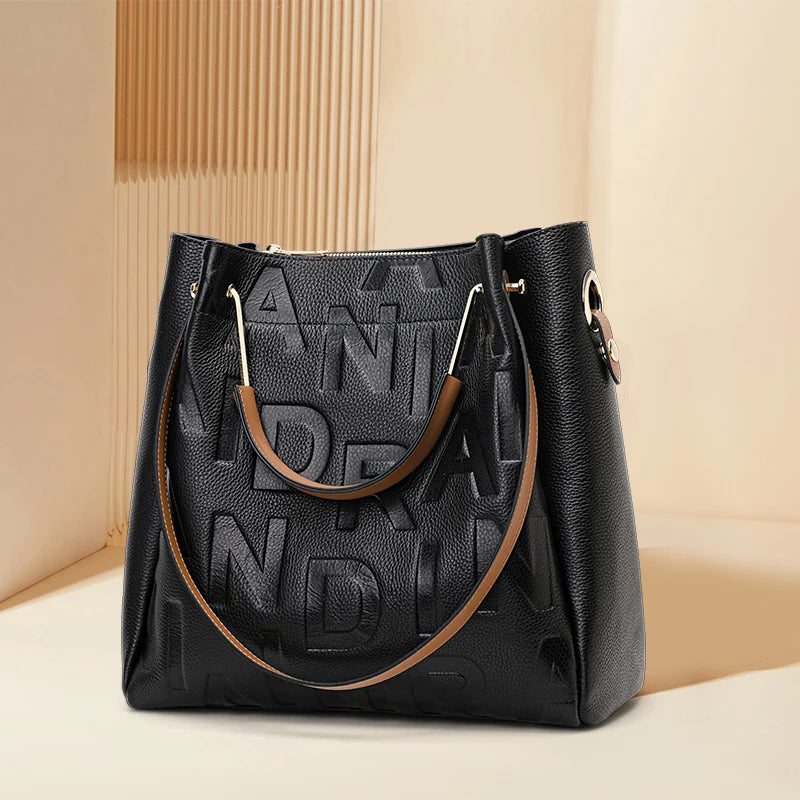 Embossed Letter Tote  Black-Brown Color Block Spacious Commute Handbag & Crossbody