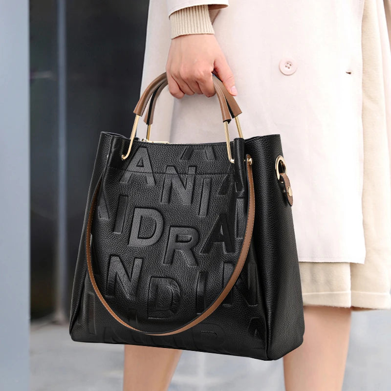 Embossed Letter Tote  Black-Brown Color Block Spacious Commute Handbag & Crossbody