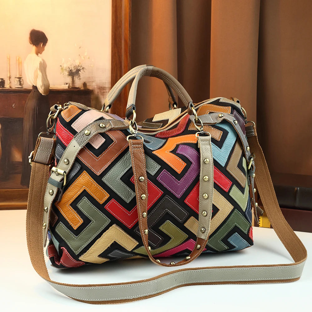 Crossbody retro geometric color blocked leather computer bag