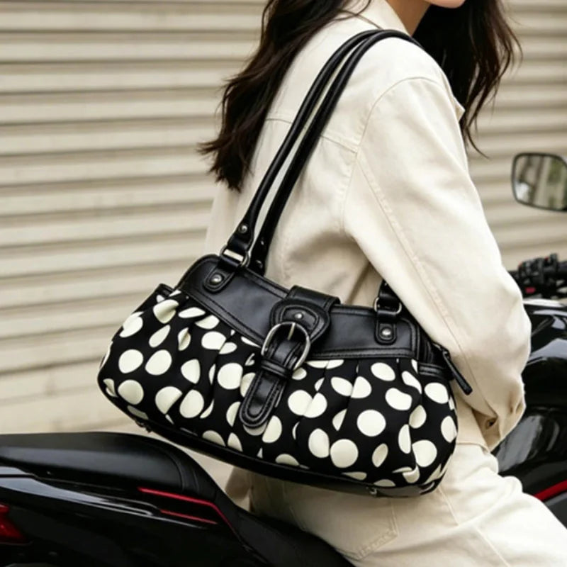 Stylish Pleated Retro Polka Dot Underarm Bag with Buckle Design