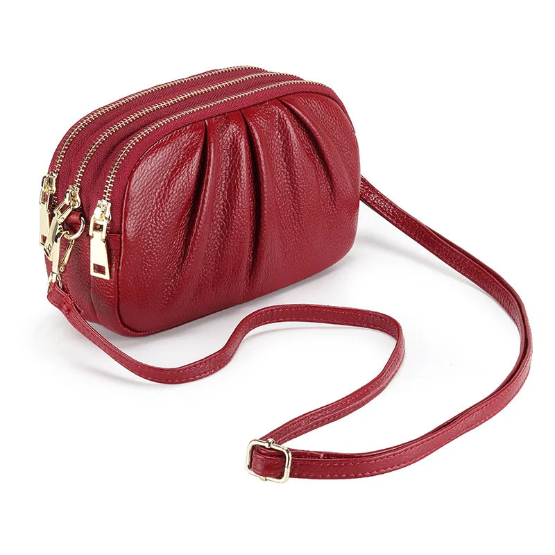 Cloud Bag Soft Genuine Leather Bag Three Layers of Zipper Shoulder Messenger Bag Clutches