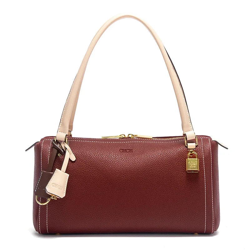 Simple Large Capacity Brown Shoulder Bag Texture Handbag Fashionable Boston Bag