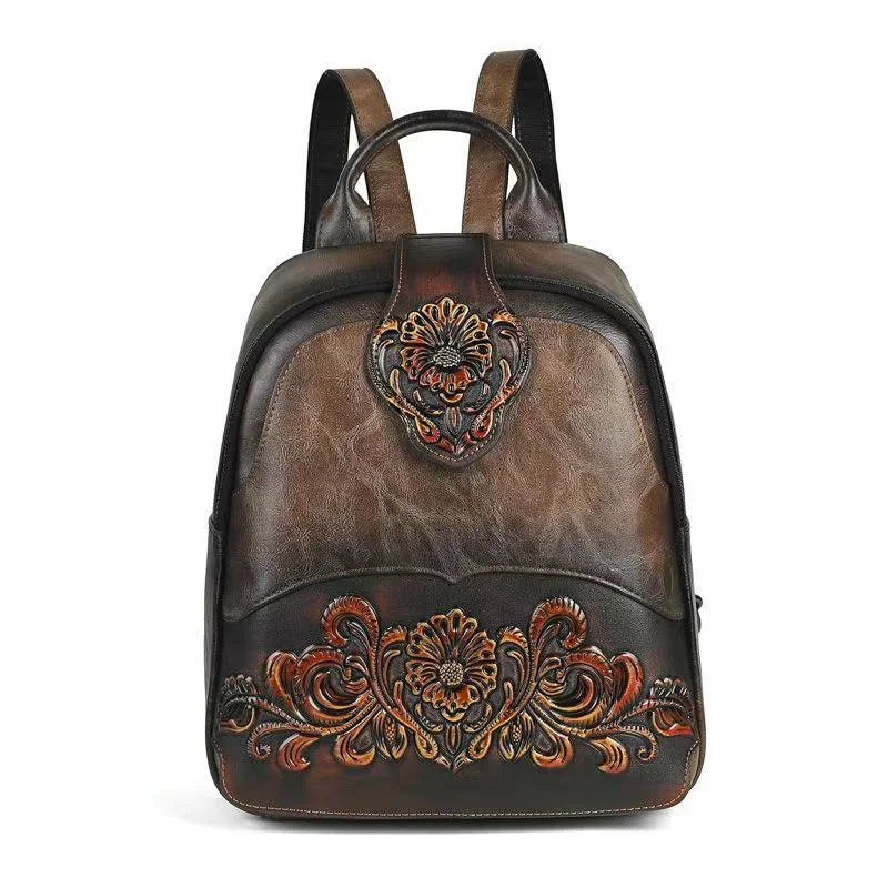 Vintage Ladies Leather Backpack Floral Double Shoulder Bag