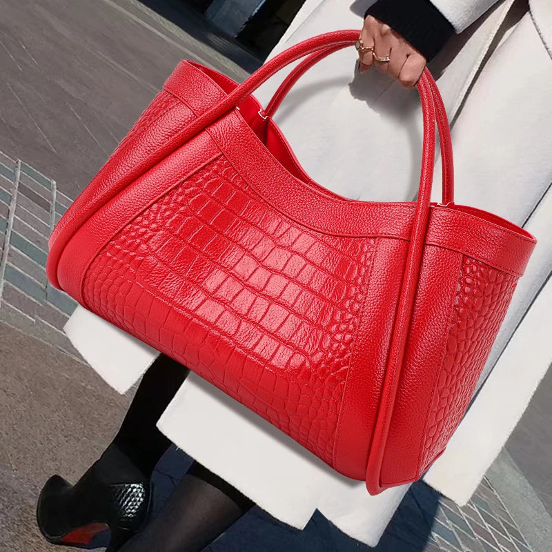 Beautiful solid color cowhide crocodile pattern handbag