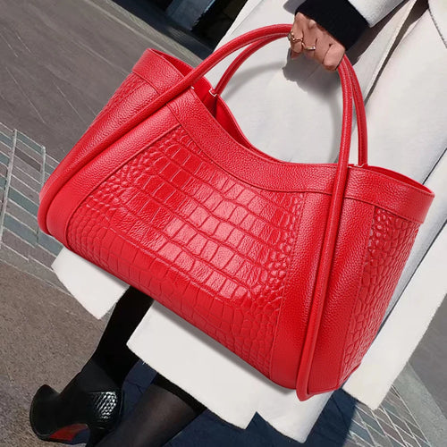 Beautiful solid color cowhide crocodile pattern handbag