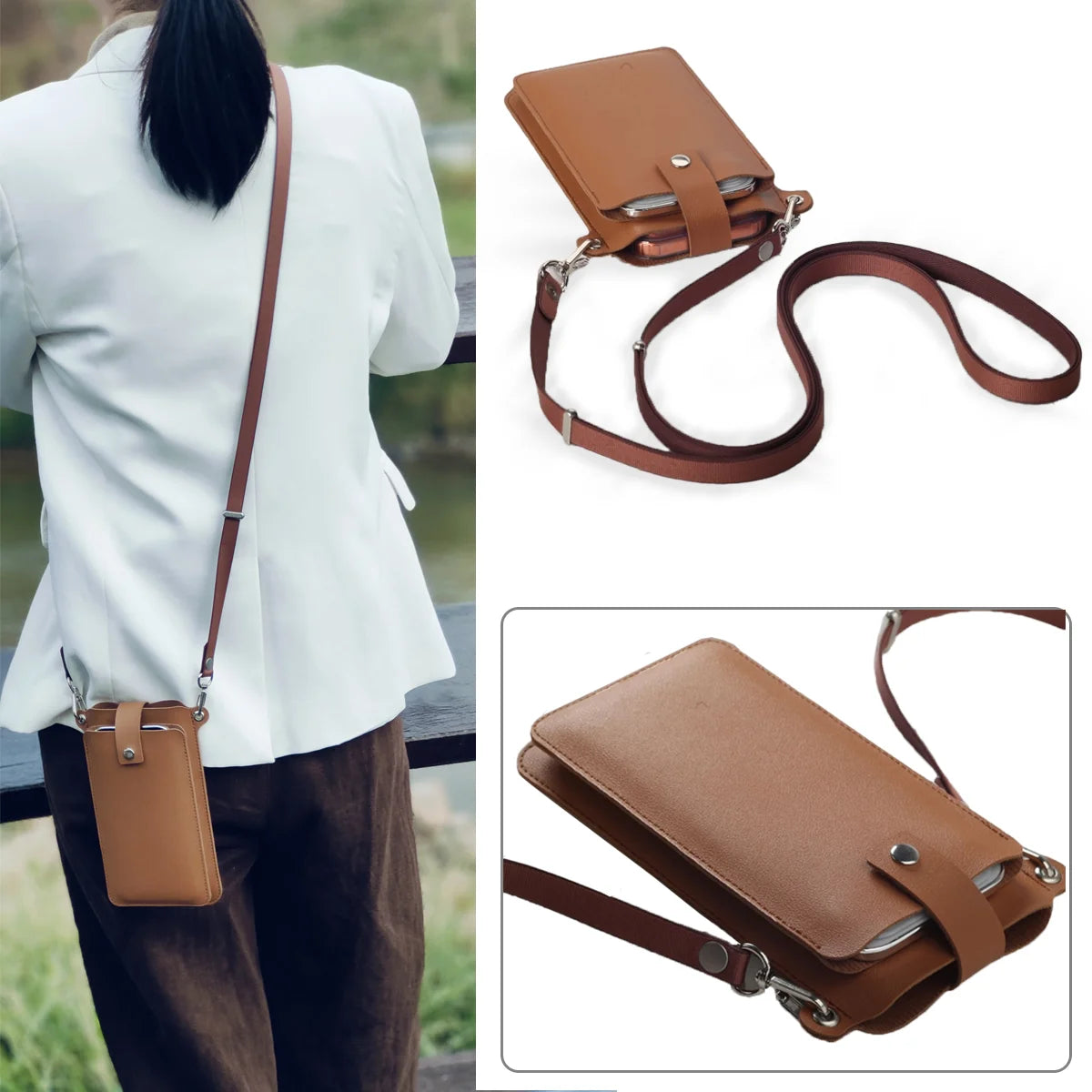 Premium Leather Crossbody Phone Bag Adjustable Strap