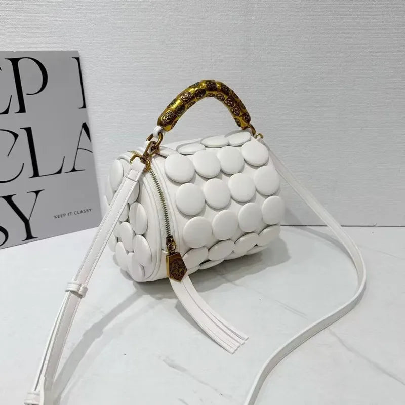 Retro Button Design Leather Handbag Luxury Round Tube Bucket Bag