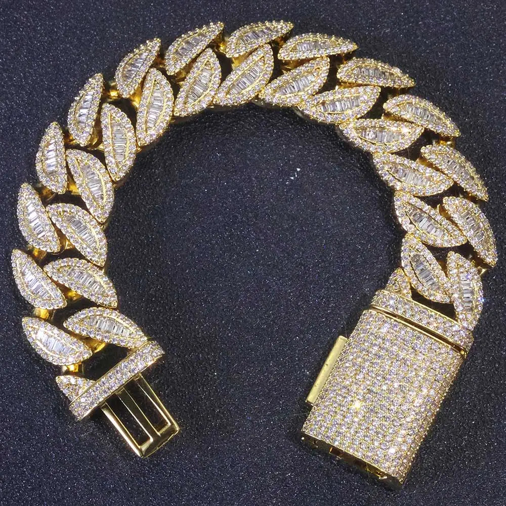 20MM 3 Rows Fashion Iced Cuban Bracelet Moon Shape Baguette Diamond Bracelets