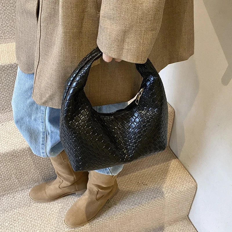 Classic Fashion Woven Embossed Soft PU Leather Small Top Handle Shoulder Bag
