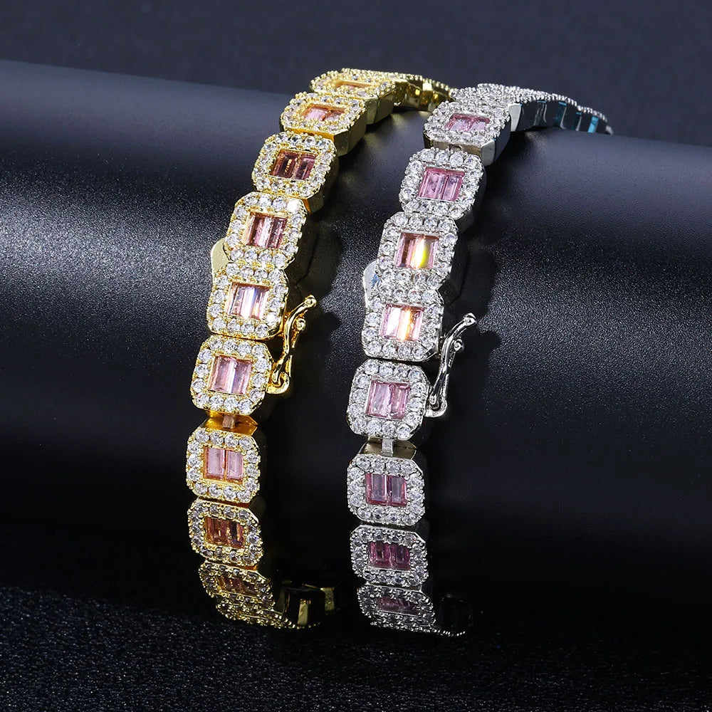8mm Square Zirconia Brass Baguette Tennis Bracelet 18K Gold Plated Iced Out Jewelry