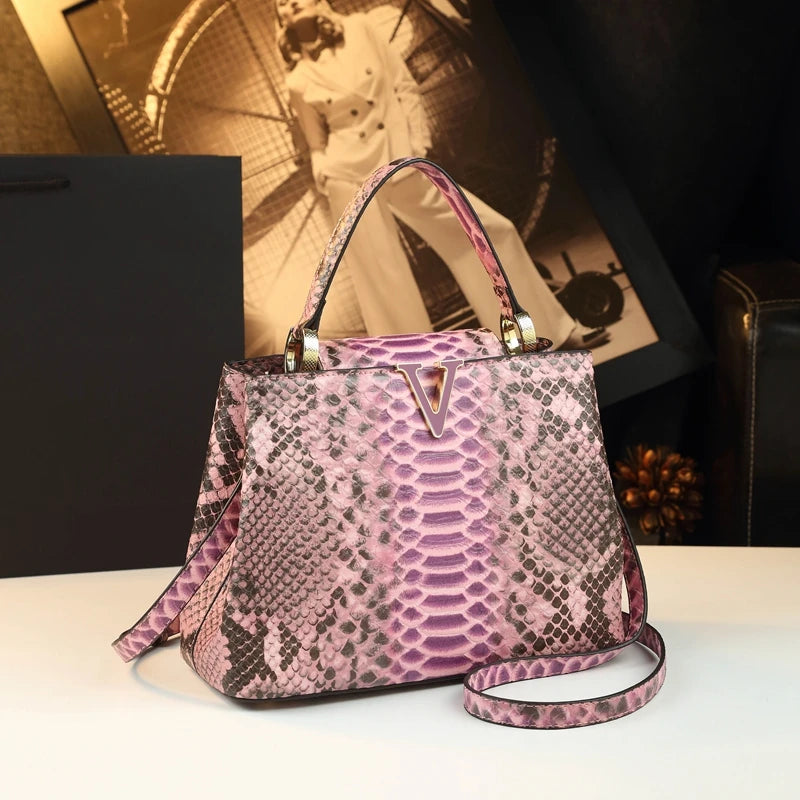 Fashionable Bucket Bag Leather Snake Pattern Shoulder Bag