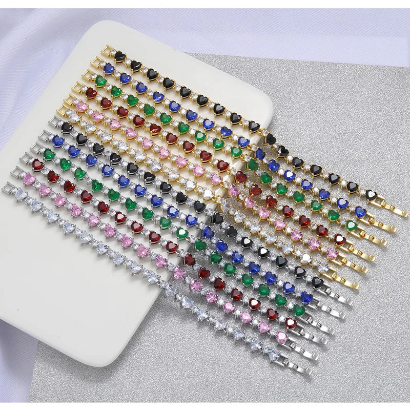 18K Gold-Plated Copper Luxury Tennis Bracelet Heart-Shaped CZ Diamond-Set Bracelet