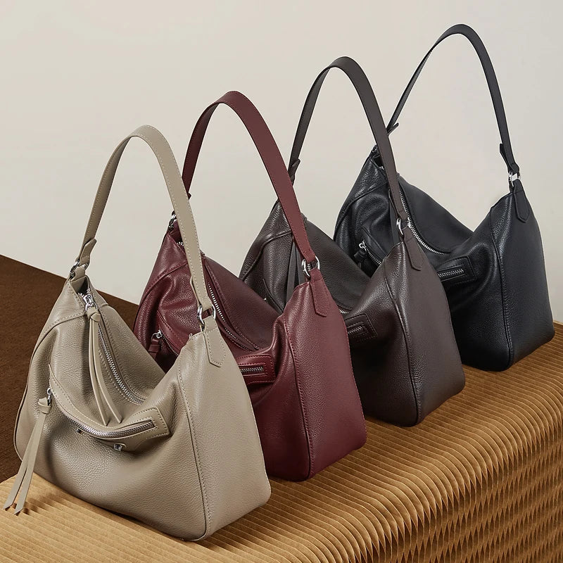 Retro Genuine Leather Underarm Shoulder Bag Luxury Design Solid Color Hobo