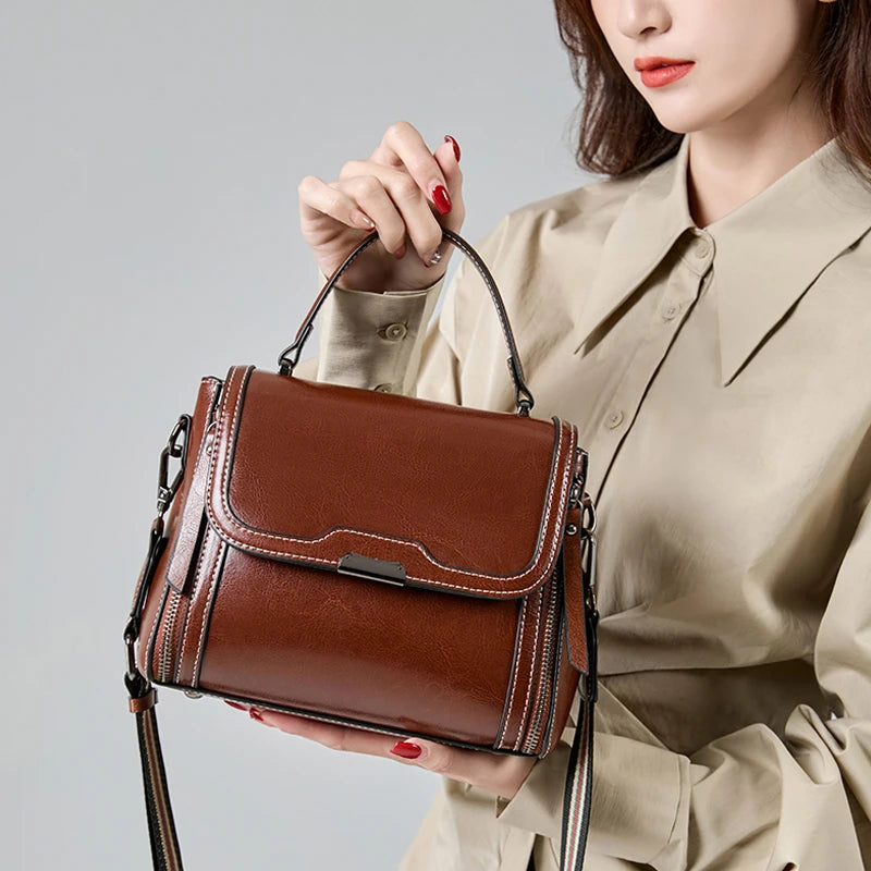 Women's Luxury Design Oil Wax Cowhide Leather Handbag