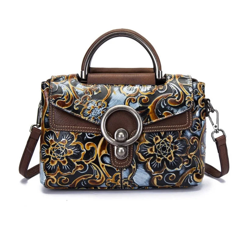 Floral Genuine Leather Tote Bag Vintage Shoulder Handbag