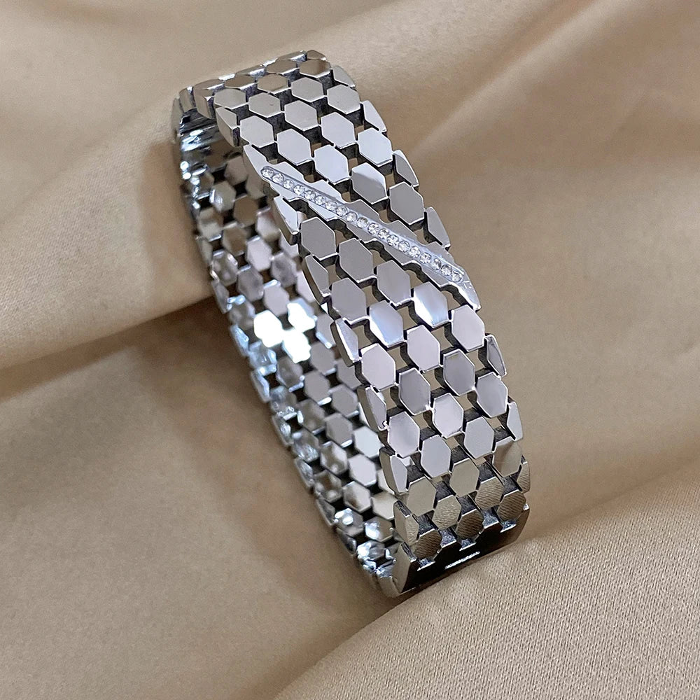 Chunky Inlaid Rhinestone Geometric Wide Stainless Steel Bangles Bracelets
