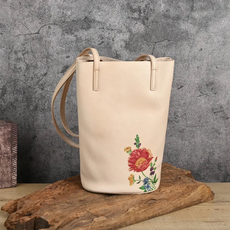 Retro Real Cowhide Hand-Printed Natural Genuine Leather Leisure Large Capacity