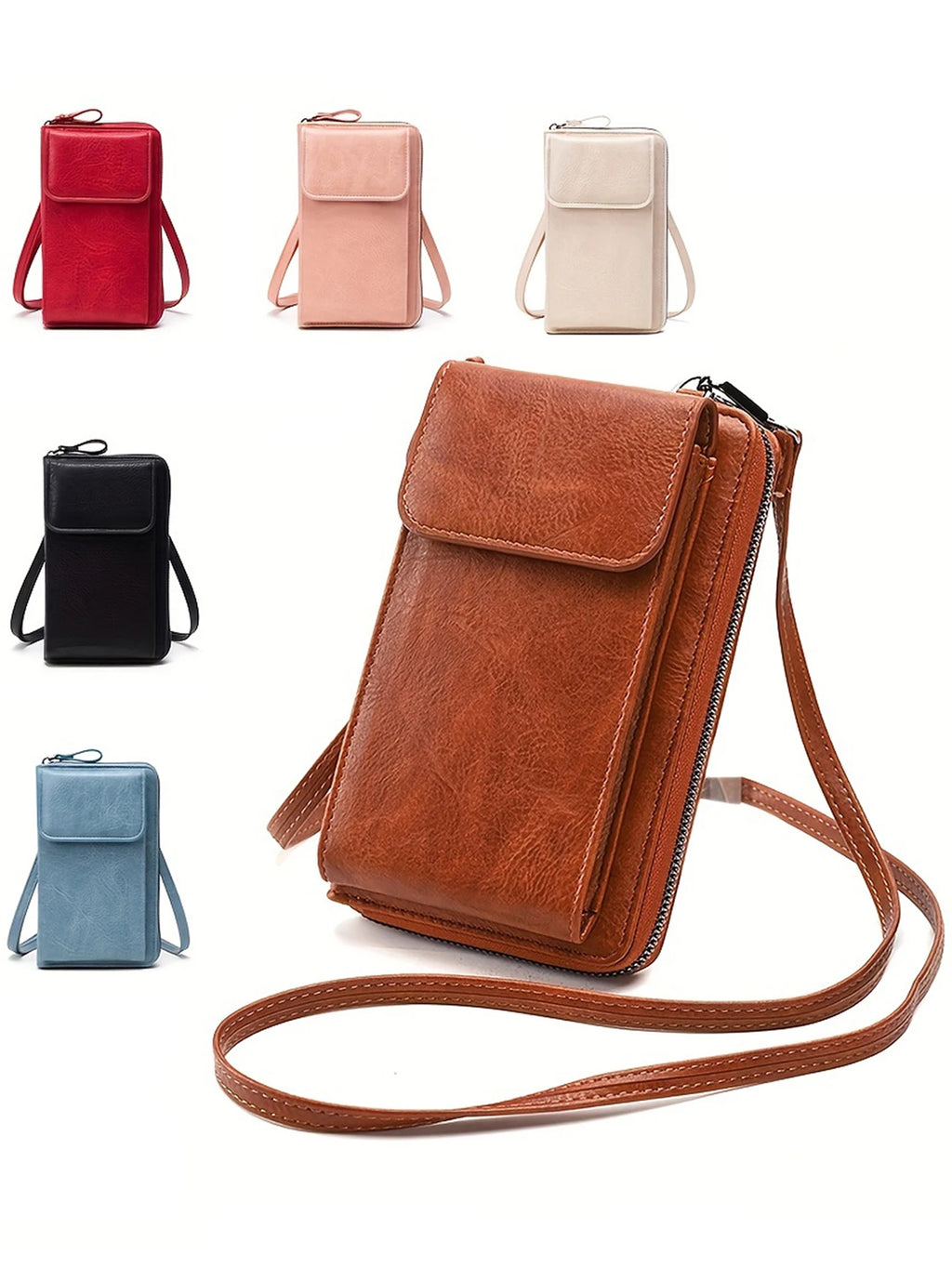 Multi functional retro style PU leather crossbody bag fashionable solid color phone bag