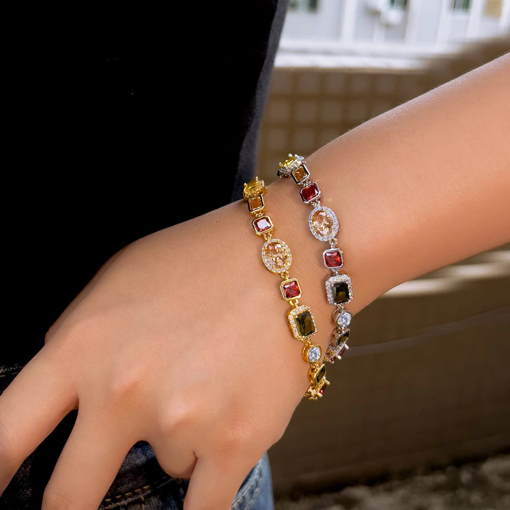 Beautiful Multi Shape Colorful Cubic Zirconia Link Chain Bracelets for Women