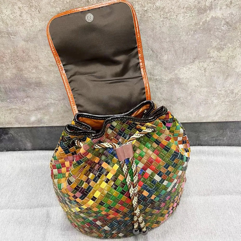 Color Weaving Genuine Leather Backpack Real Cow Leather Backpack Vintage Fashion