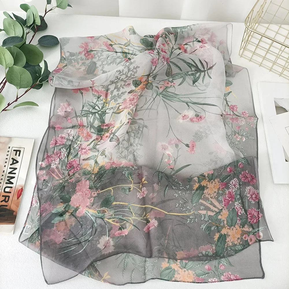 Women Elegant Chiffon Silk Scarves Fashion Versatile Flower Wraps Thin Scarf
