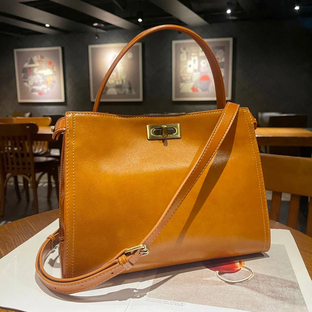 Oil Wax Cow Leather Tote Bag Small Vintage Genuine Leather Bag