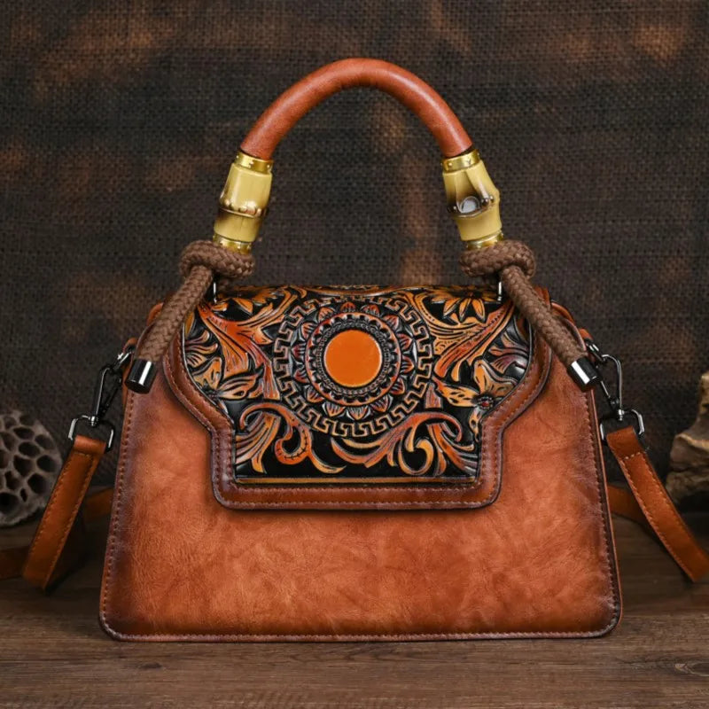 Vintage Handmade Embossed Women's Leather Luxury Handbag