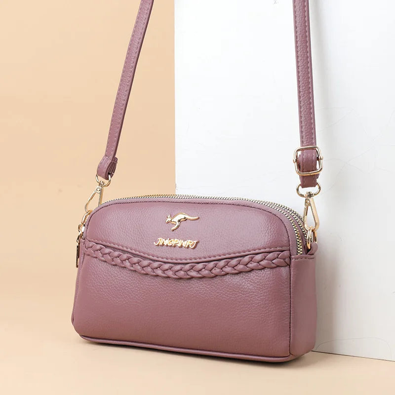 Chic Pu Leather Crossbody Bag Three Layer Zipper Stylish Braid Detail Phone Bag