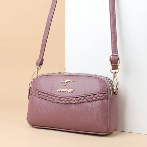 Chic Pu Leather Crossbody Bag Three Layer Zipper Stylish Braid Detail Phone Bag